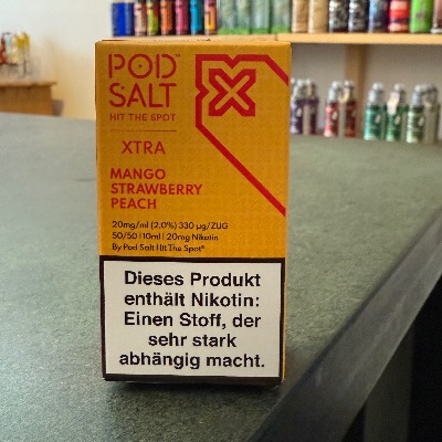 Fruchtiges Liquid von Pod Salt Xtra – Mango, Erdbeere & Pfirsich in perfekter Harmonie, jetzt im Vape Shop Berlin erhältlich